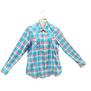 Tin Haul Womens Size L  Western Plaid Button-Up Western Shirt Aztec Lining Cotto
